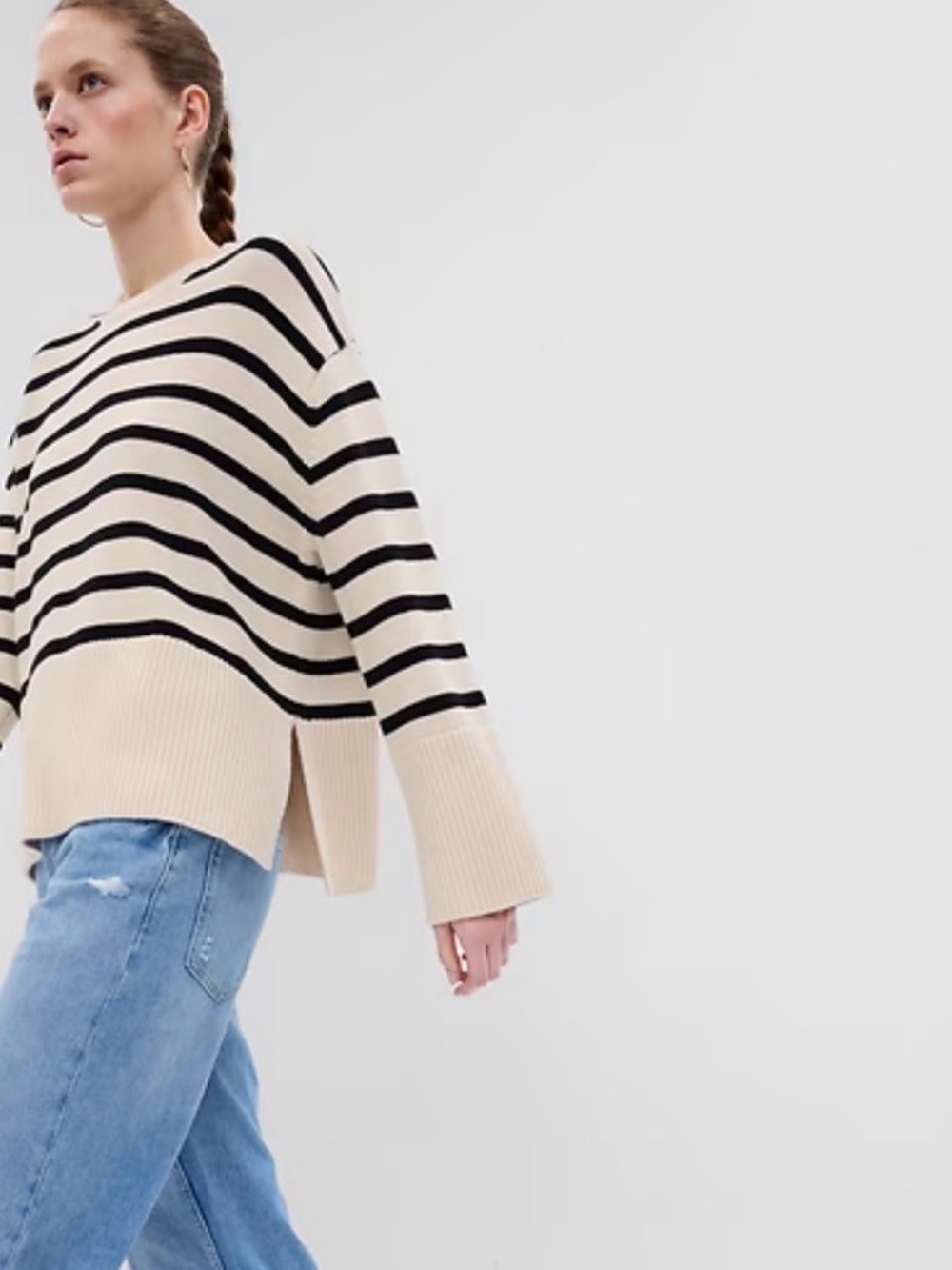 GAP Cream Striped Split Hem Crewneck Sweater - 100% Cotton
